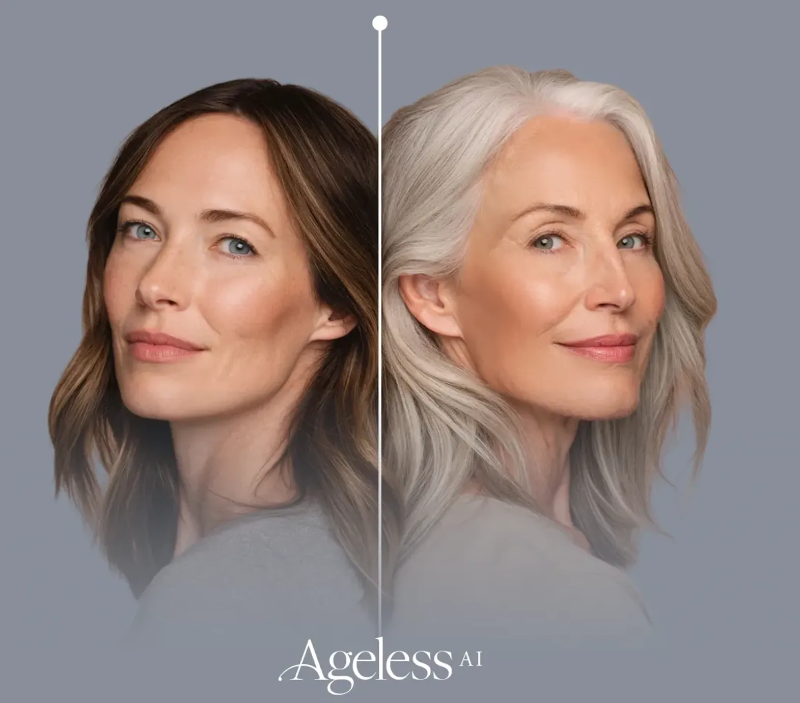 An Ageless AI preview showing the same face at two ages