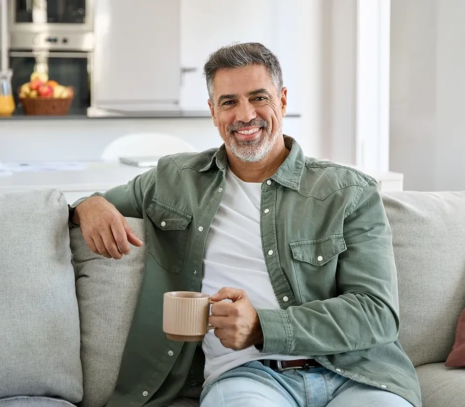 A smiling man with a gray beard holding a mug in a bright kitchen