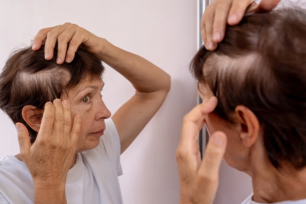 A woman parting her short hair in a mirror to look at thinning areas
