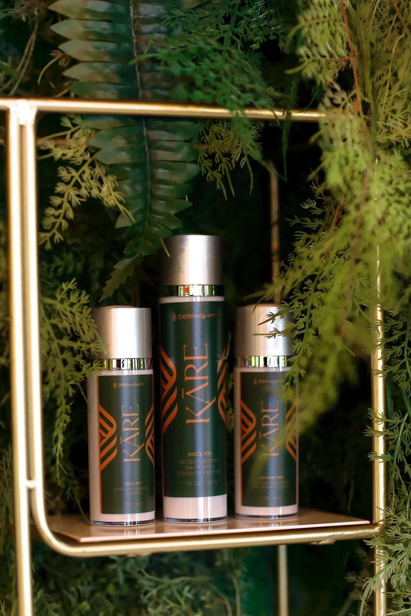 Three skincare bottles on a gold shelf among ferns