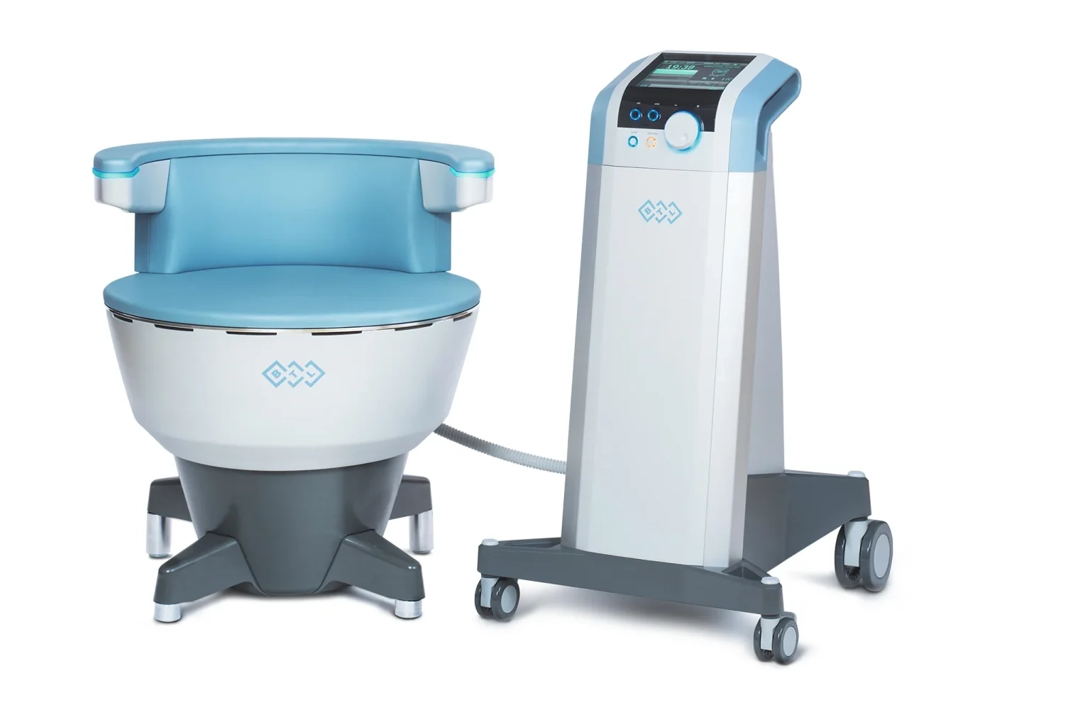 The Emsella treatment chair with its touchscreen control unit
