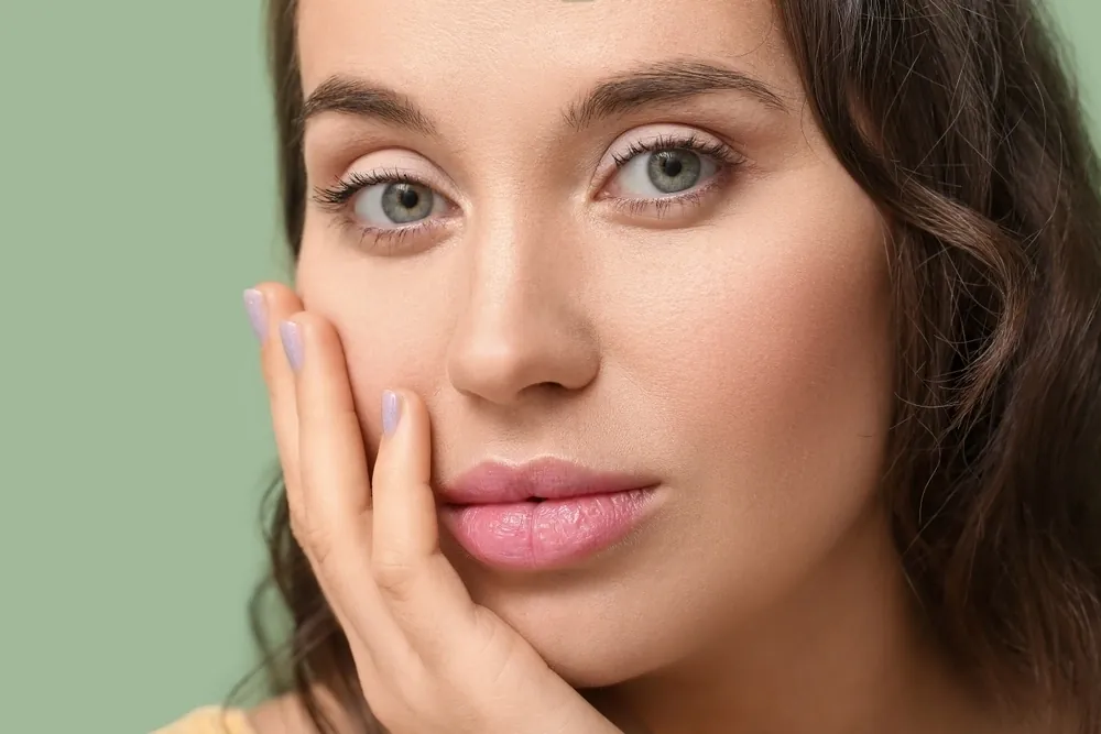 A woman with wavy brown hair lightly touching her face