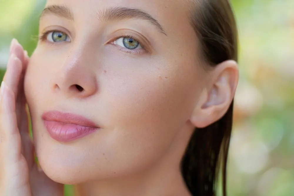 A woman with clear skin touching her cheek in soft natural light
